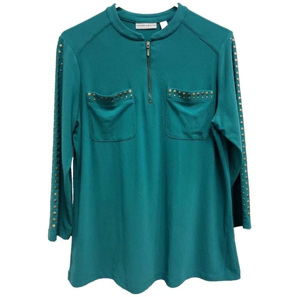 Susan Graver Studded Quarter Zip Top Womens M Teal Green Liquid Knit 3/4 Sleeve
